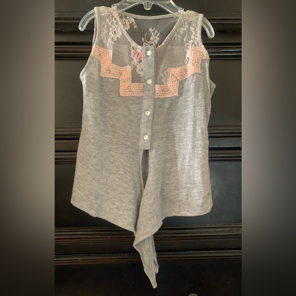 Adolfo Dominguez Kids Gray Tank with Cream Lace and Pink Accent Lace Trim